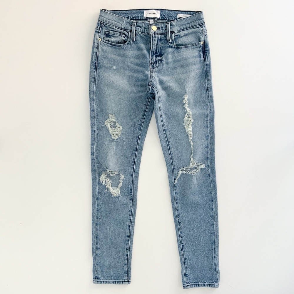FRAME Denim Le Garçon Sz 24 Beldon Rips Blue Jeans Destroyed Mid Rise Distressed